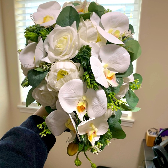 Eucalyptus Cascade Bridal Bouquet - Real Touch Orchids, Roses, Peonies, Hops - Picture 2 of 6